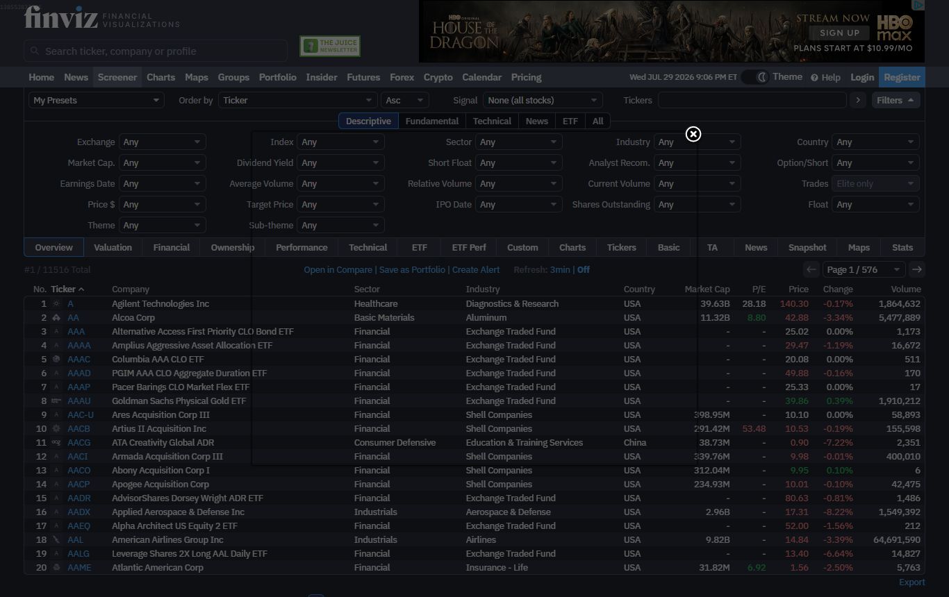 Finviz homepage showing the stock screener, market heatmap and news