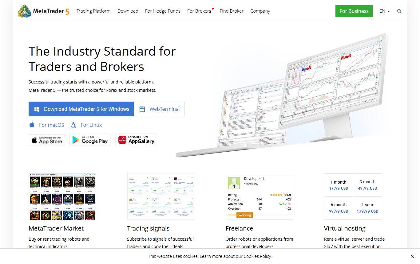 MetaTrader 5 homepage describing the platform for traders and brokers