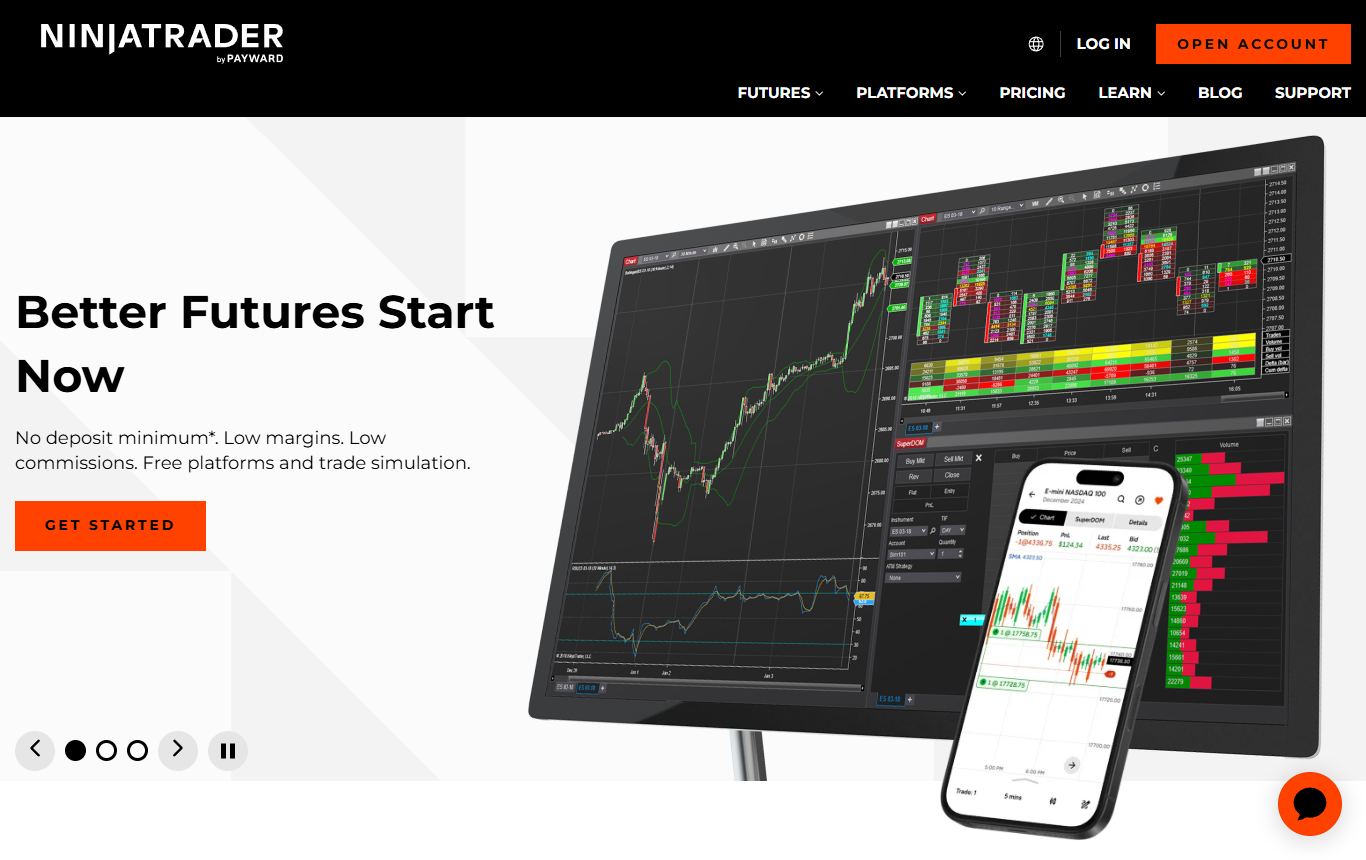 NinjaTrader homepage showing futures charting with order flow tools