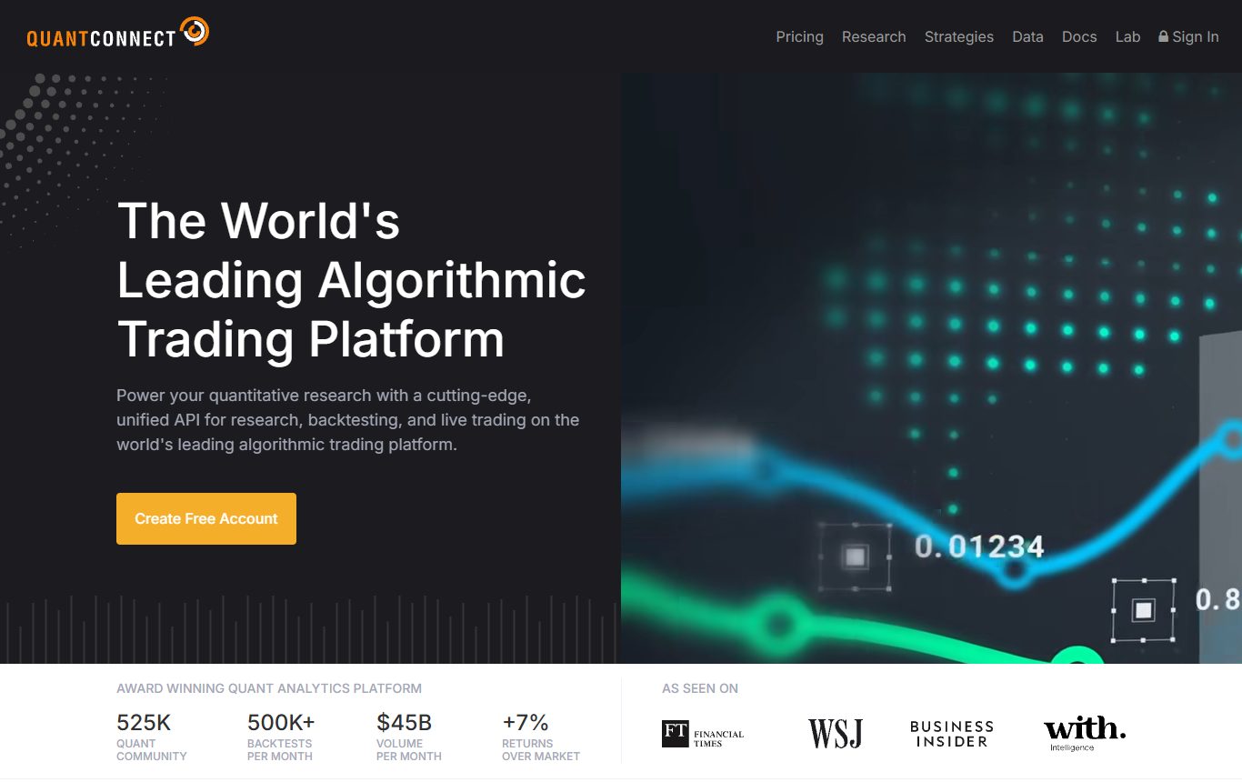 QuantConnect homepage describing an algorithmic trading and backtesting platform