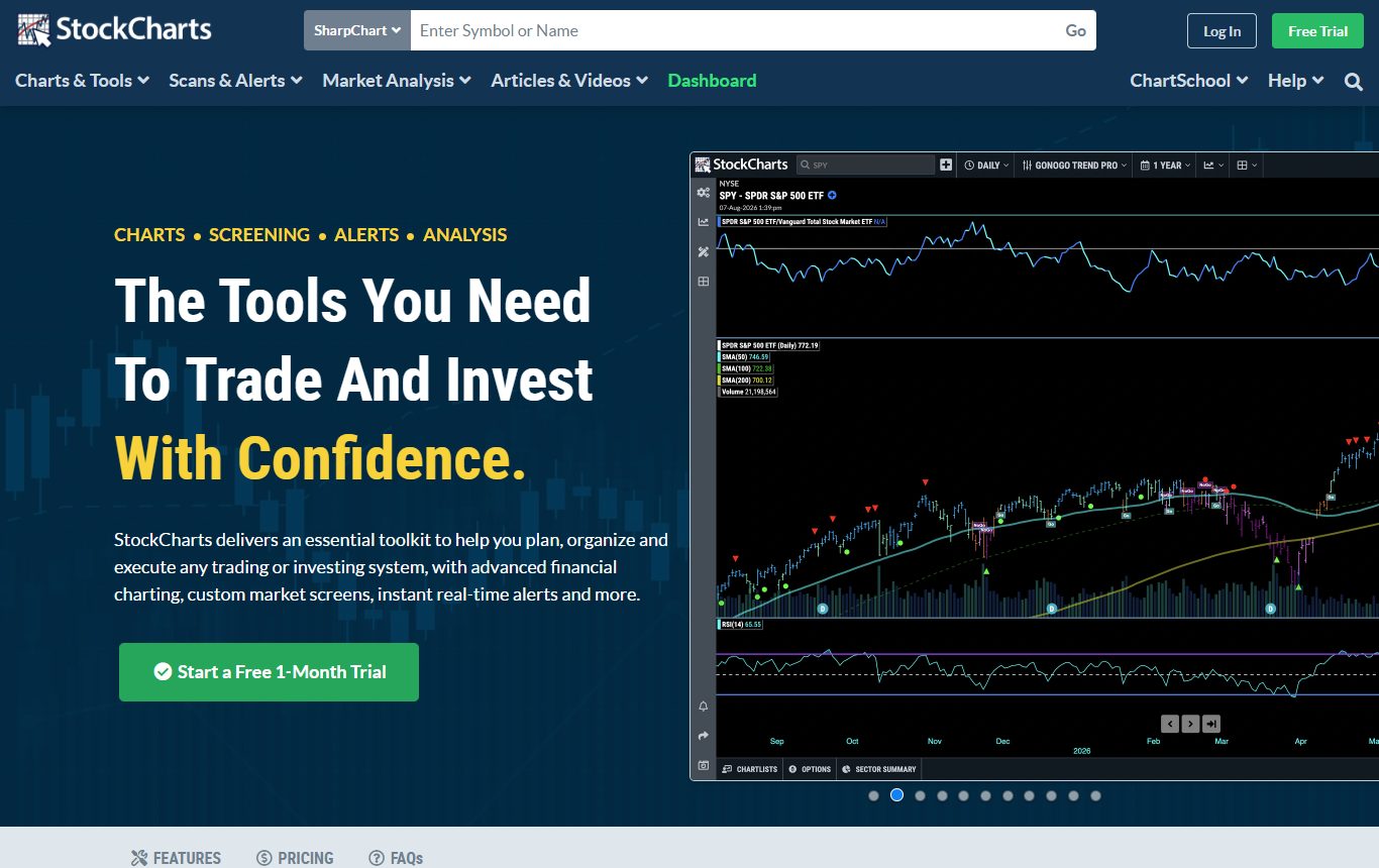 StockCharts homepage showing the Advanced Charting Platform with charts, screening, alerts and analysis