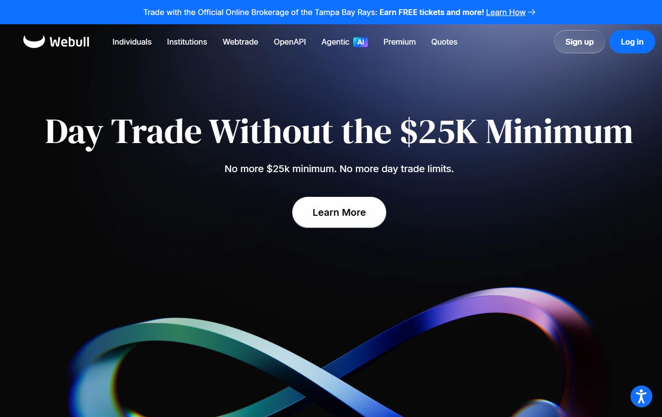 Webull homepage advertising commission free trading and charting tools